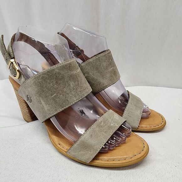 Born Women's 8M Slingback Sandals Gray Leather Double Strap Open Toe Block Heel - Picture 1 of 6